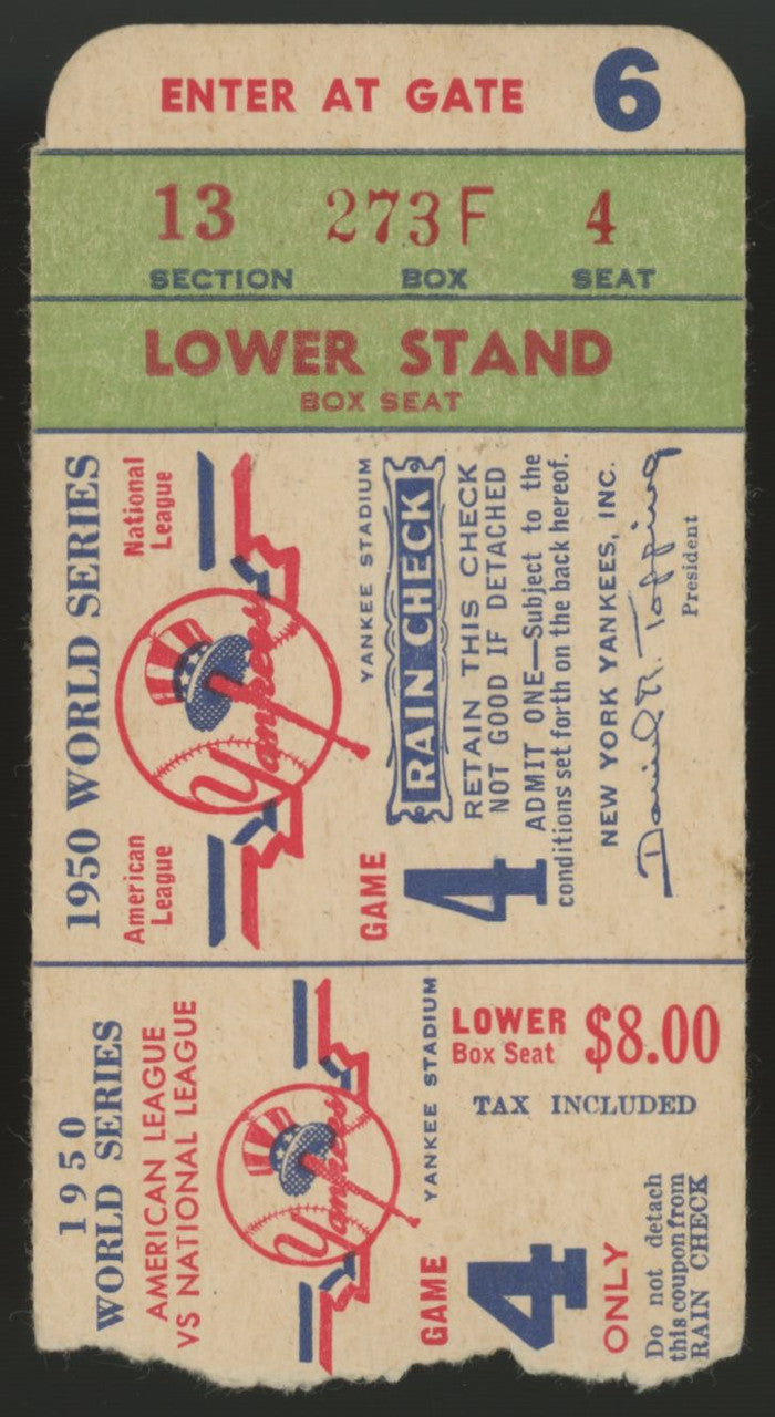 1950 New York Yankees World Series Game 4 Ticket Stub Low Grade