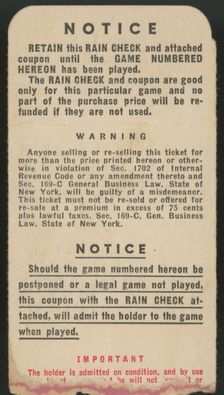 1950 New York Yankees World Series Game 4 Ticket Stub Low Grade