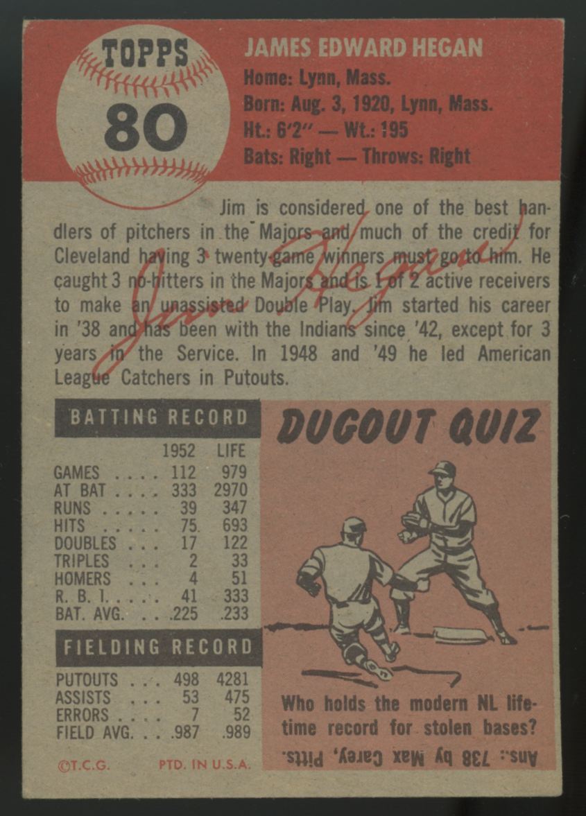 1953 Topps Jim Hegan #80 EX