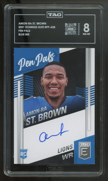 2021 Donruss Elite Amon-Ra St. Brown RC Pen Pals Blue Ink Auto #PP-ASB TAG 8