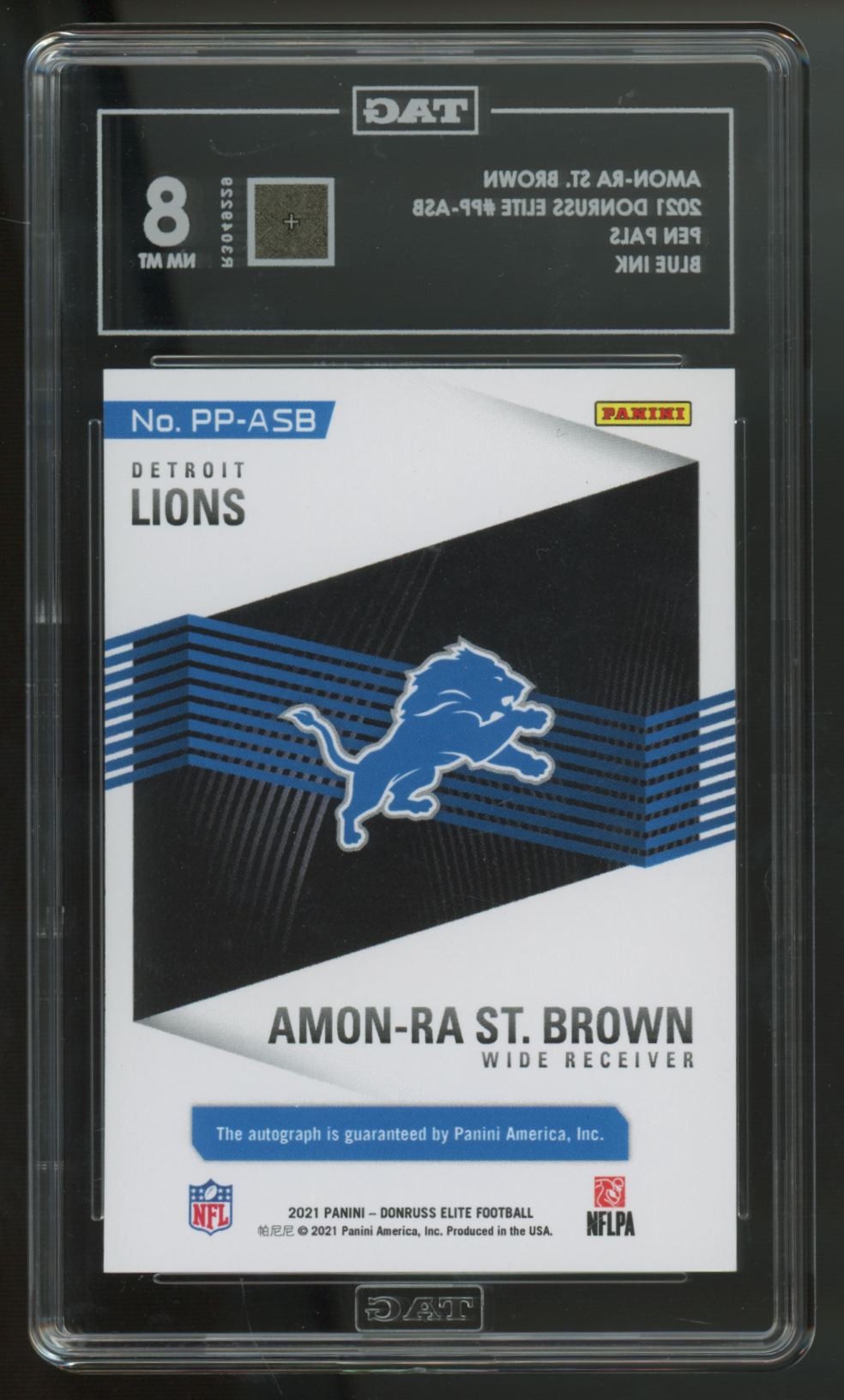 2021 Donruss Elite Amon-Ra St. Brown RC Pen Pals Blue Ink Auto #PP-ASB TAG 8