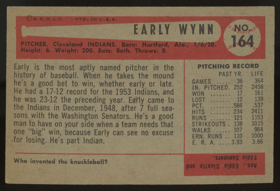1954 Bowman Early Wynn #164 EX+