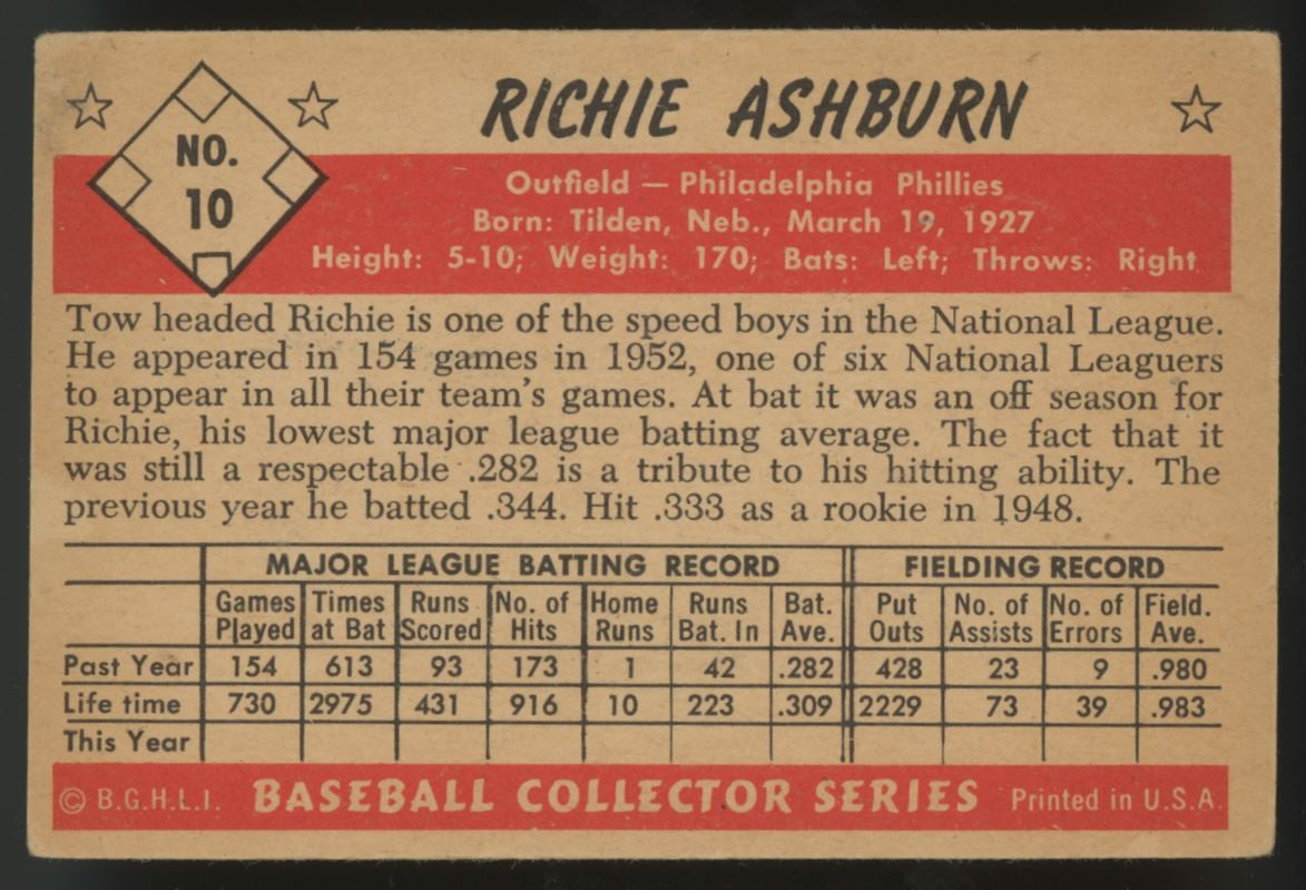1953 Bowman Color Richie Ashburn #10 G/VG