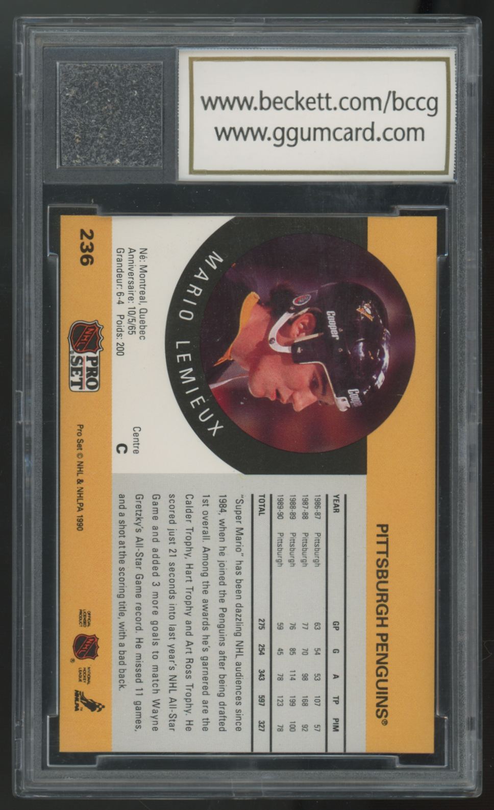 1990-91 Pro Set Mario Lemieux Game Used Glove Patch #236 BCCG 10