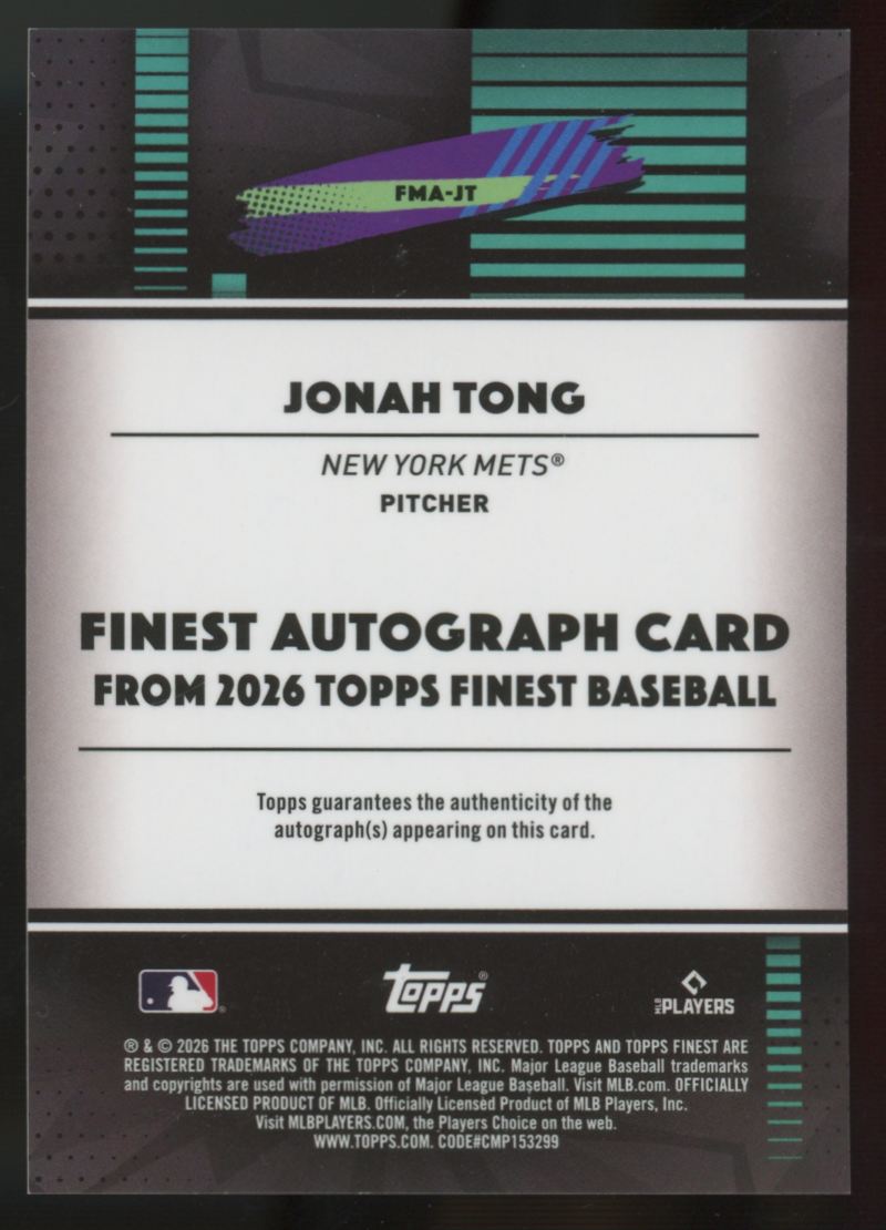 2026 Topps Finest Jonah Tong RC Aqua Mini Diamond Auto /199 #FMA-JT