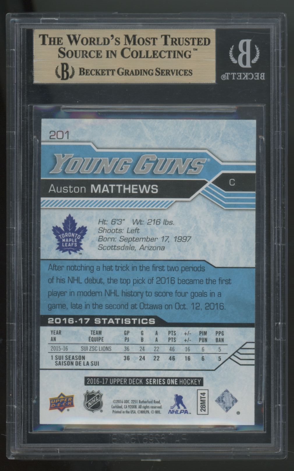 2016-17 Upper Deck Series One Auston Matthews RC Young Guns #201 BGS 9.5