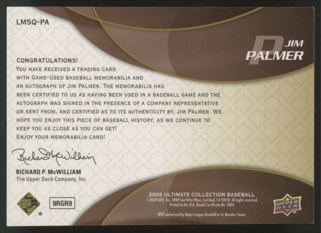 2009 Ultimate Collection Jim Palmer Legendary Material Signatures Auto /22