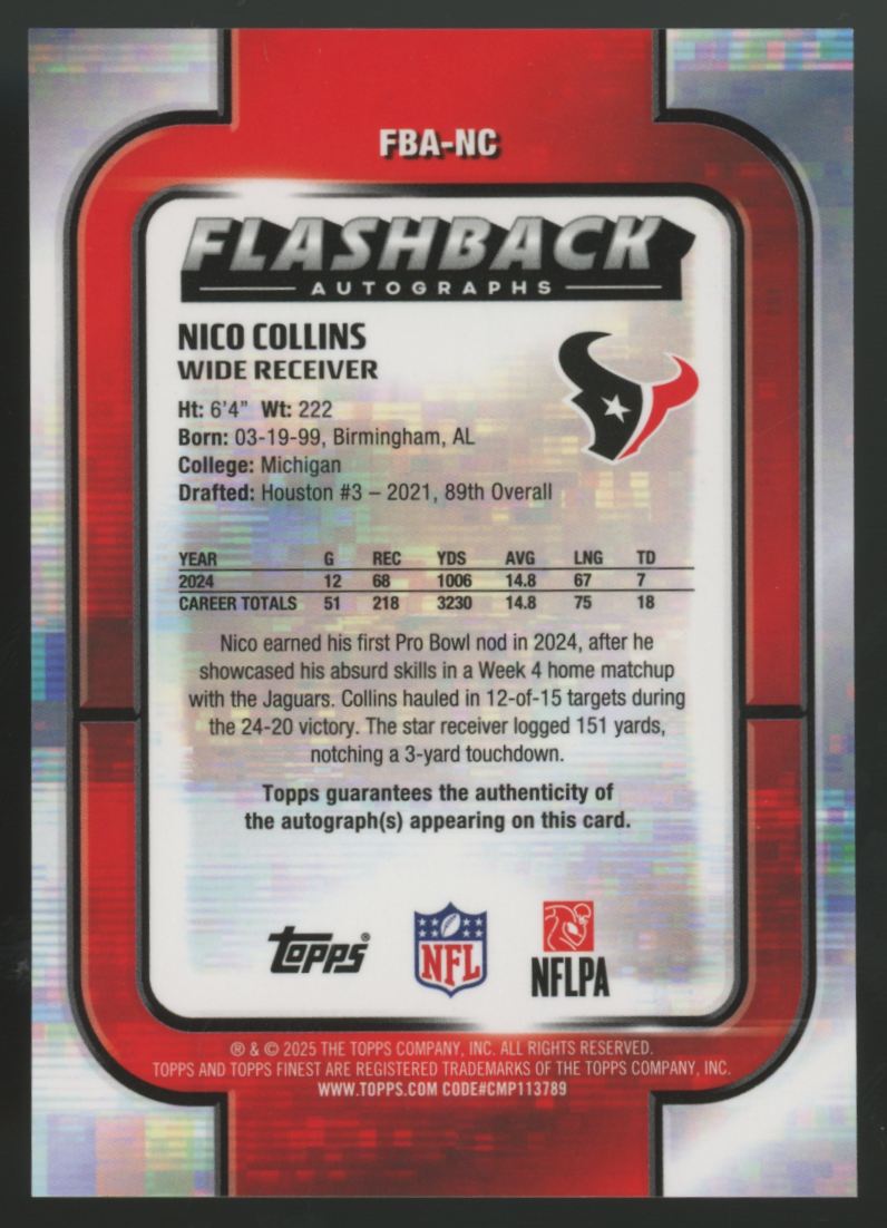 2025 Topps Finest Nico Collins Flashback Autographs Auto #FBA-NC