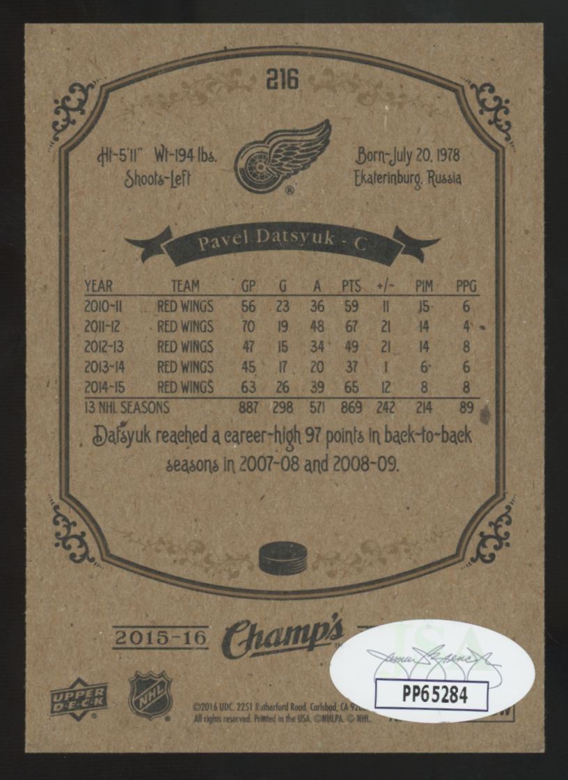 2015-16 Upper Deck Champs Pavel Datsyuk IP Auto #216 JSA Authentic