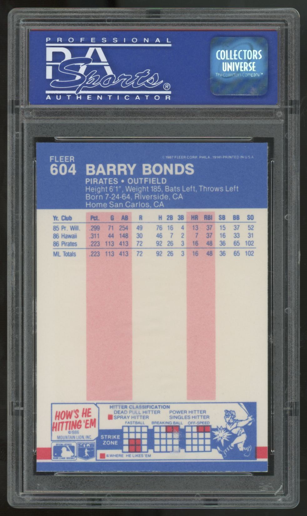 1987 Fleer Barry Bonds RC #604 PSA 9 (OC) *037
