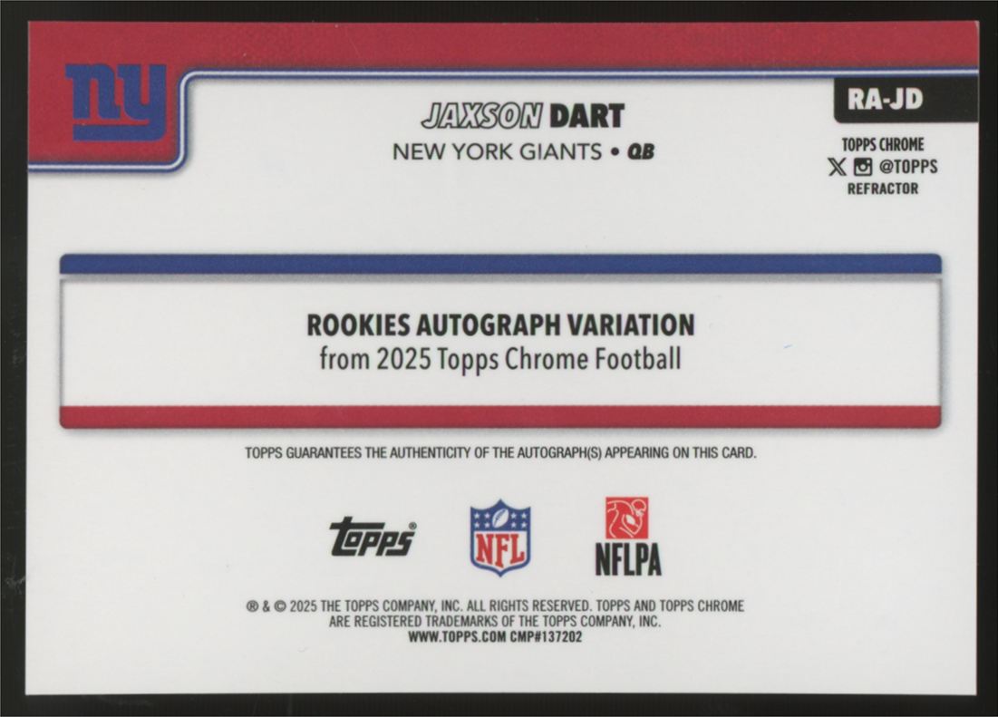 2025 Topps Chrome Jaxson Dart RC Refractor Auto /499 #RA-JD "A"