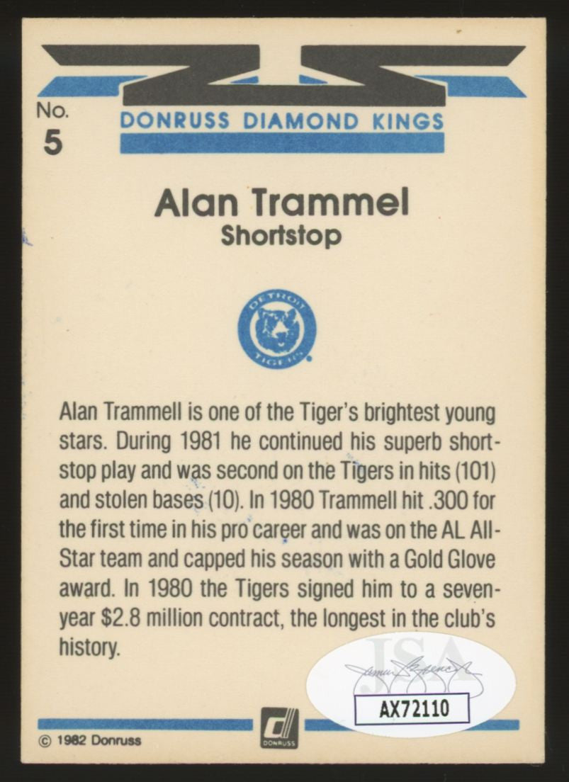 1982 Donruss Diamond Kings Alan Trammell #5 Signed Autographed Card JSA
