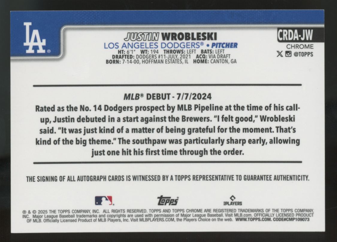 2025 Topps Chrome Update Justin Wrobleski RC Purple Speckle Debut Auto /299