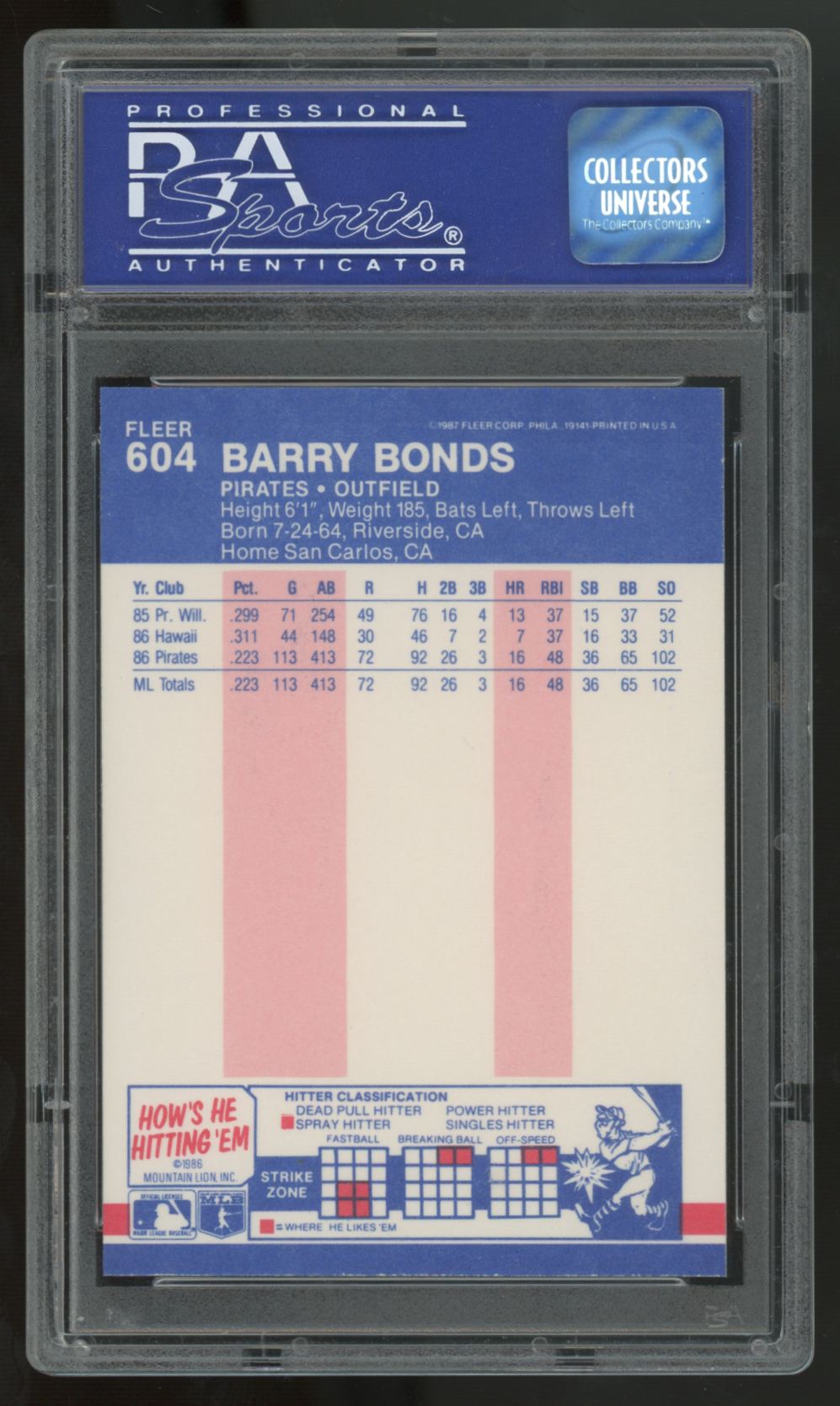 1987 Fleer Glossy Barry Bonds RC #604 PSA 9 *257