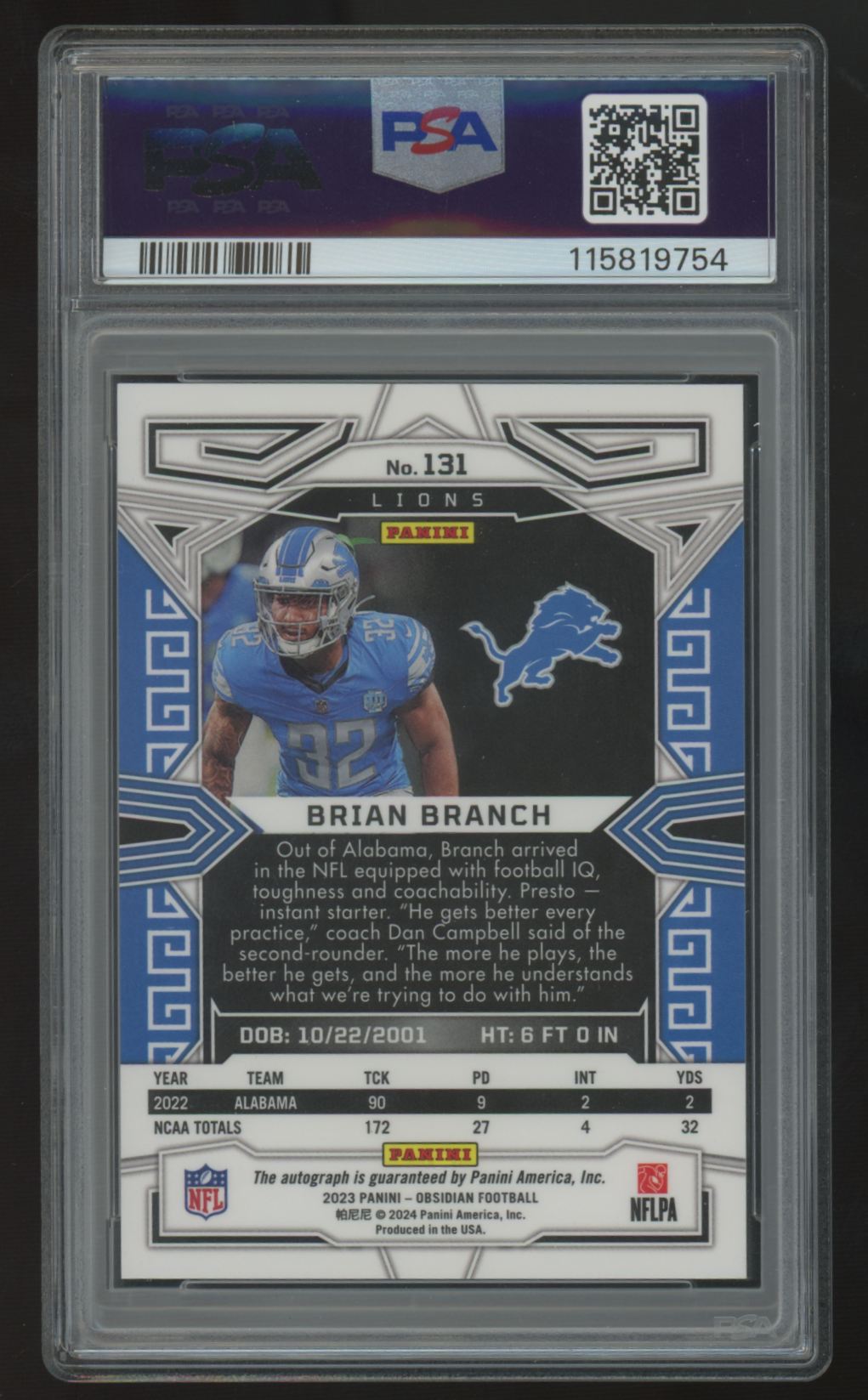 2023 Panini Obsidian Brian Branch RC Auto #131 PSA 10