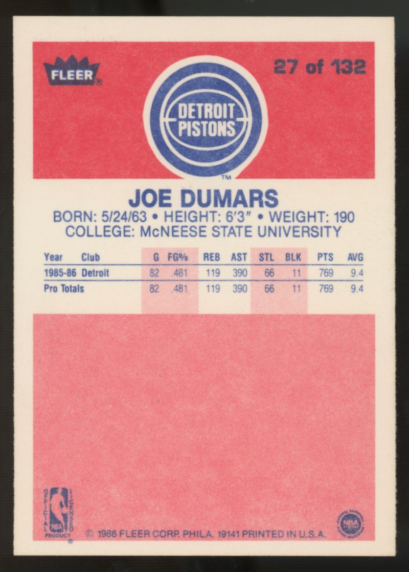 1986-87 Fleer Premier Joe Dumars RC #27 NM-MT