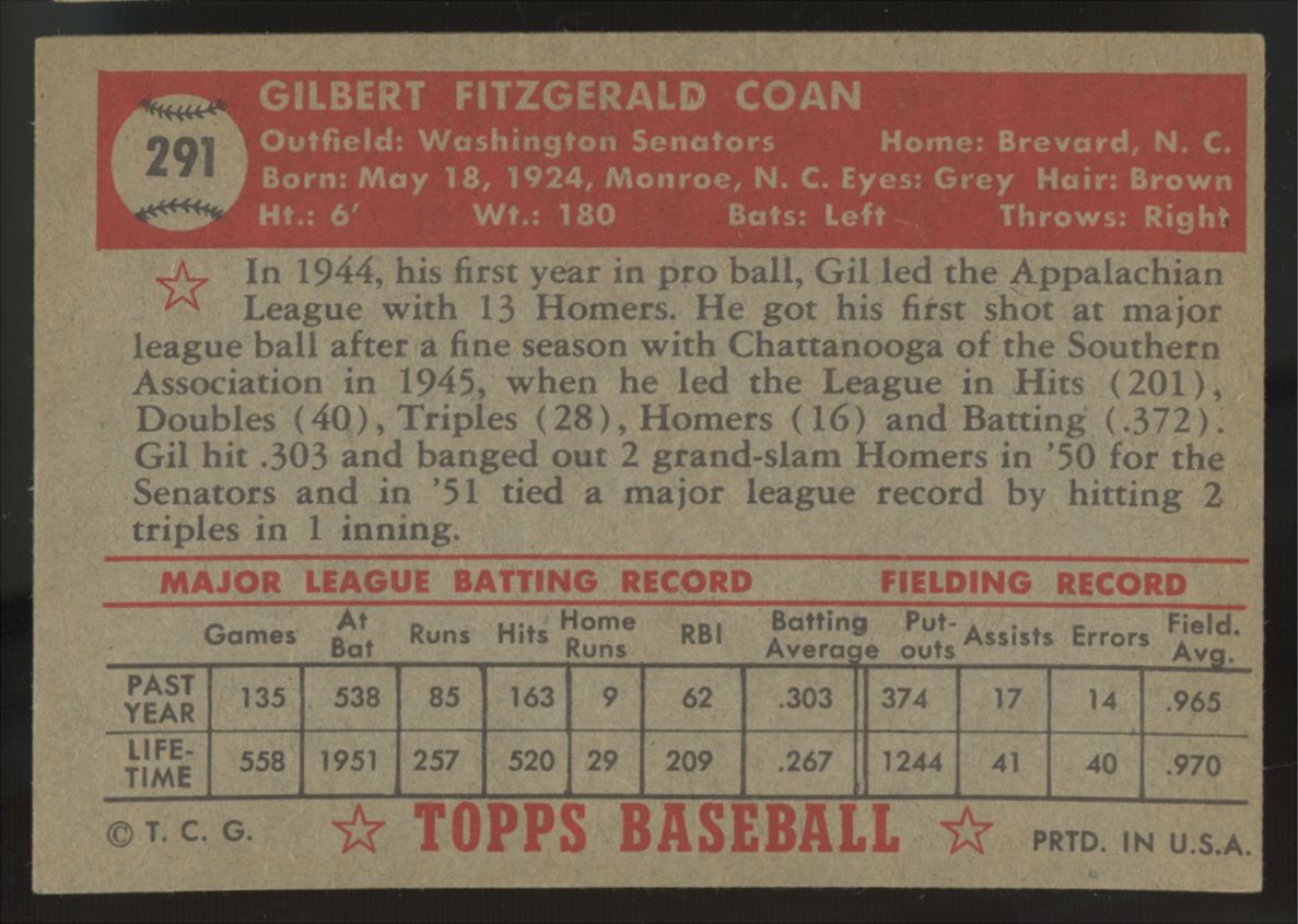 1952 Topps Gil Coan #291 EX
