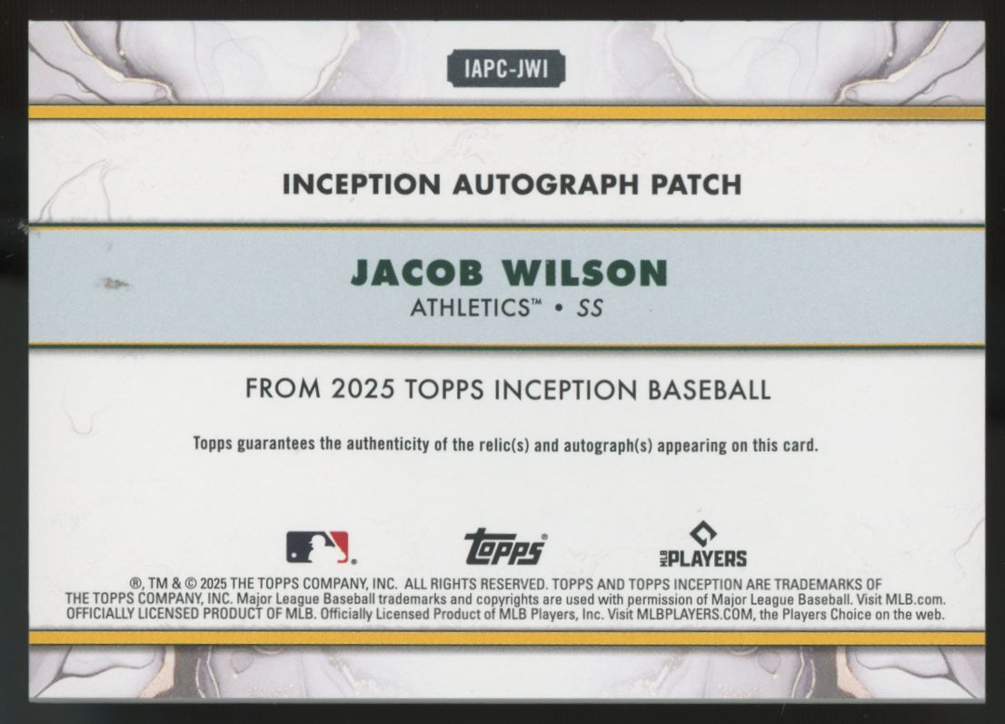 2025 Topps Inception Jacob Wilson RC Patch Auto Red RPA /45 #IAPC-JWI