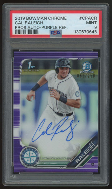 2019 Bowman Chrome Cal Raleigh 1st Prospect Purple Auto /250 #CPA-CR PSA 9