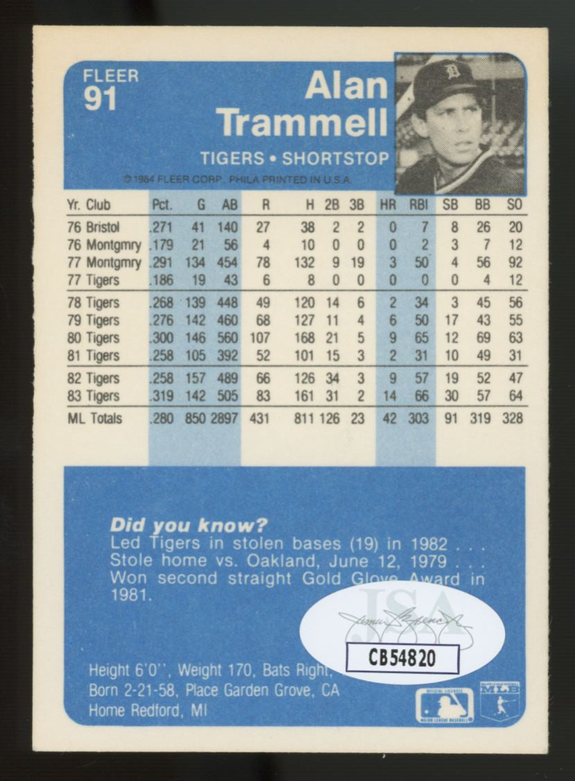 1984 Fleer Alan Trammell #91 Signed Auto JSA