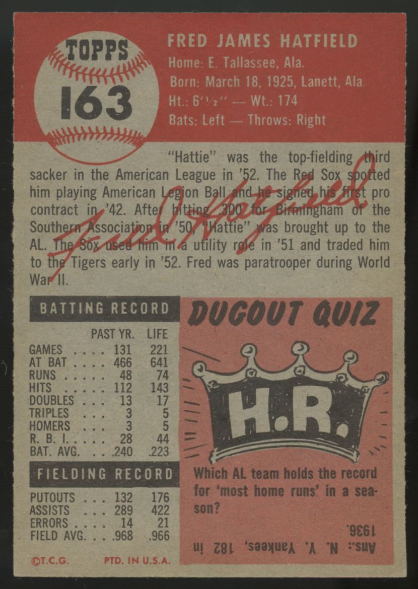 1953 Topps Fred Hatfield #163 EX/MT