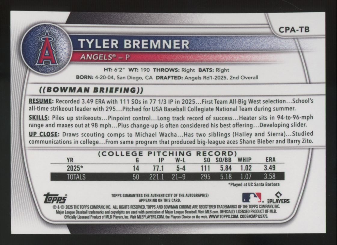 2025 Bowman Draft Tyler Bremner 1st Chrome Auto #CPA-TB