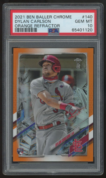 2021 Topps Chrome Ben Baller Dylan Carlson RC Orange Refractor /25 #140 PSA 10