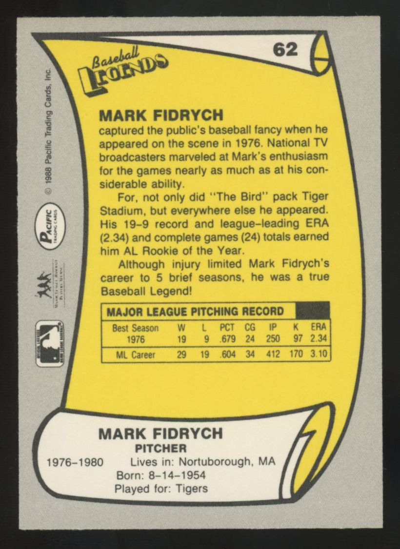 1988 Pacific Mark Fidrych Signed IP Auto #62
