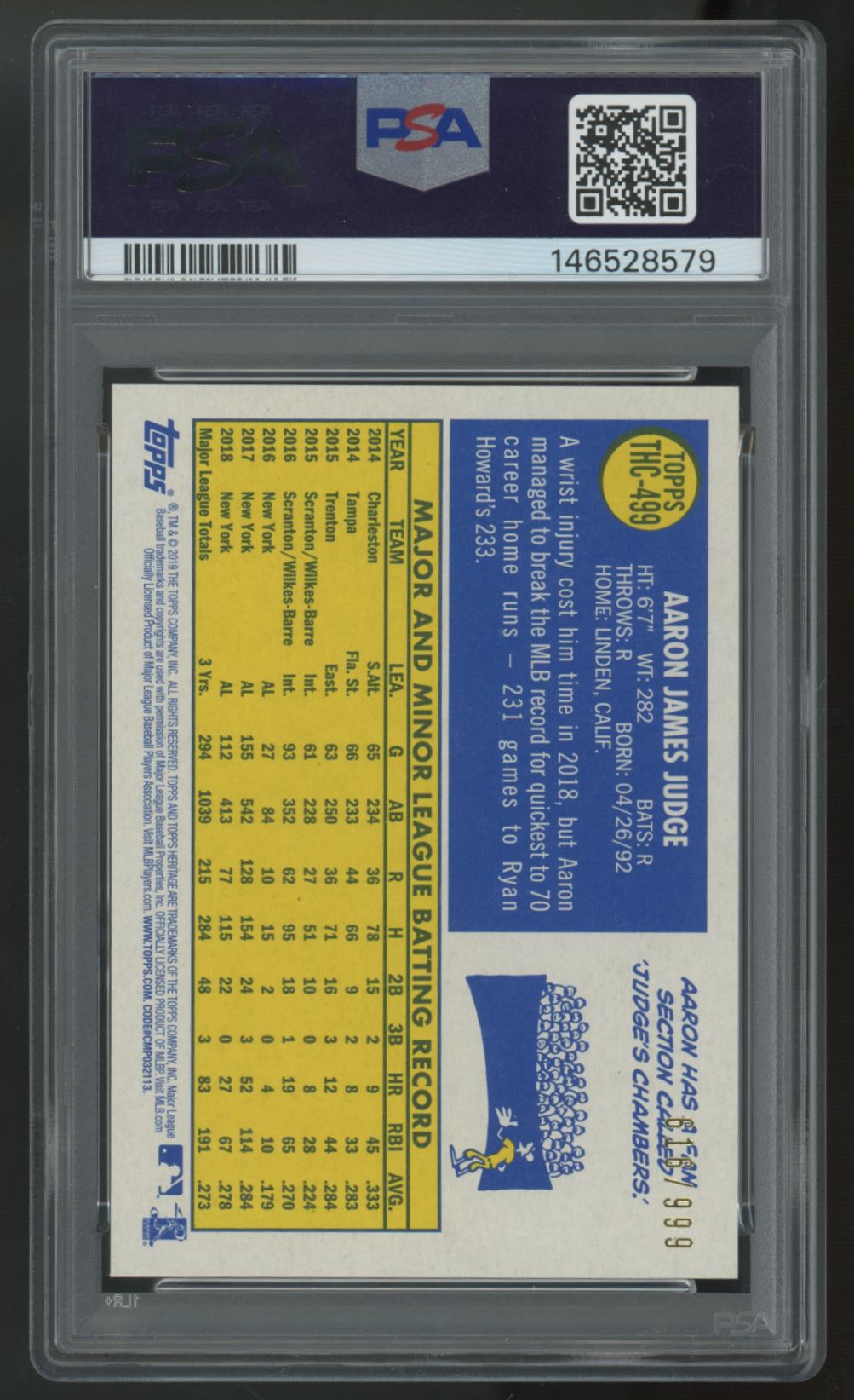 2019 Topps Heritage Aaron Judge Chrome /999 #499 PSA 10