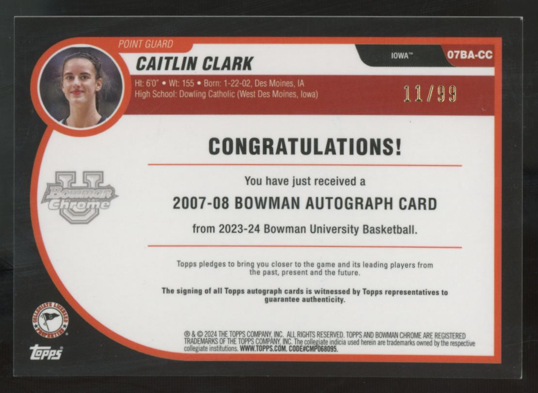 2023-24 Bowman Chrome University Caitlin Clark 2007-08 Auto /99 #07BA-CC