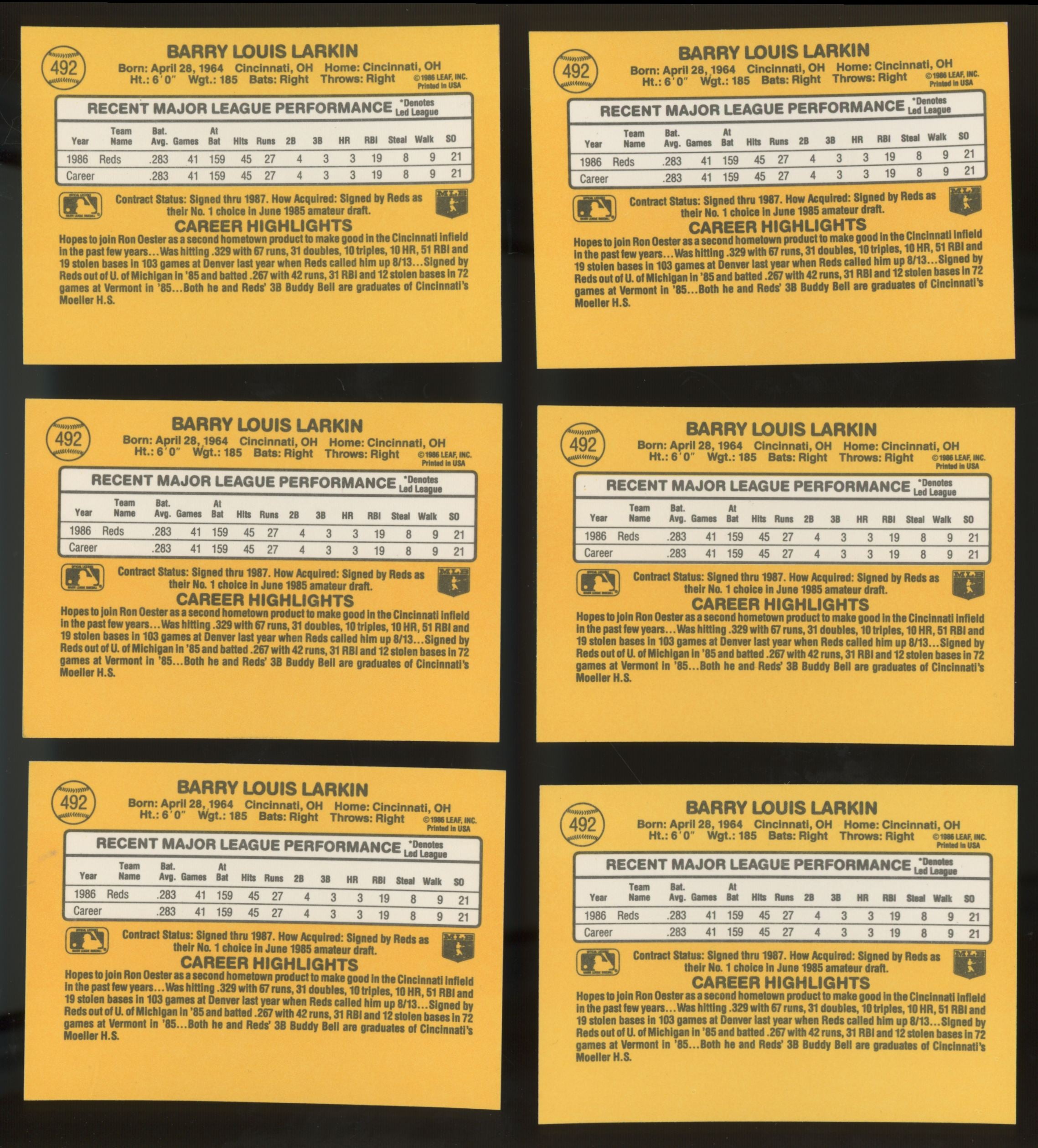 1987 Donruss Barry Larkin RC #492 (Lot of 33)