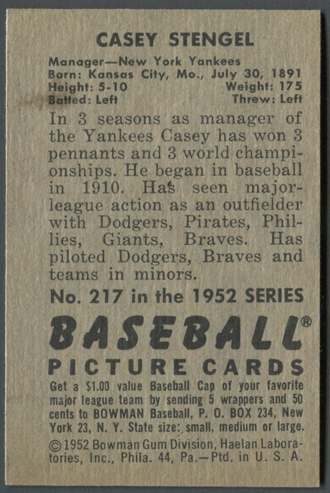 1952 Bowman Casey Stengel New York Yankees #217 EX