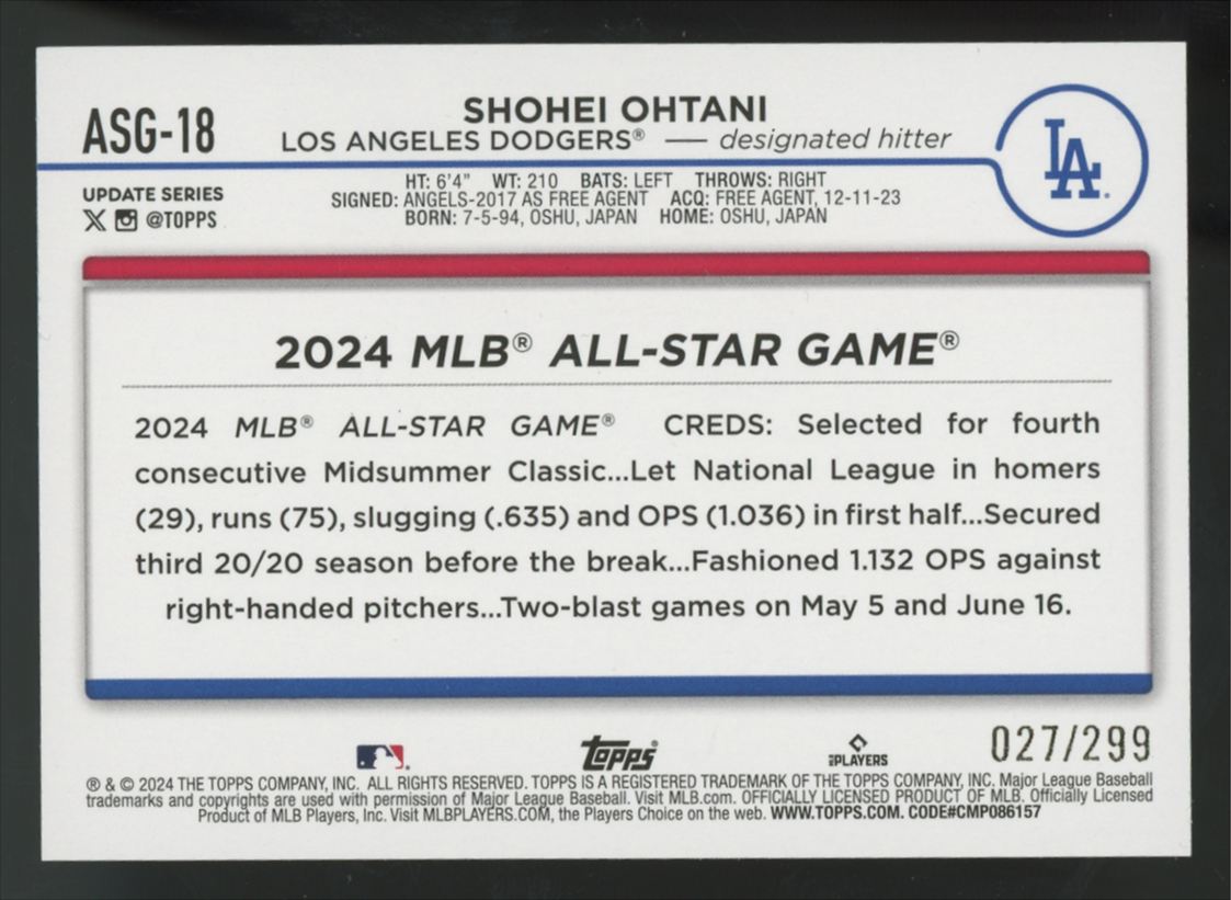 2024 Topps Update Shohei Ohtani Black All Star Game /299 #ASG-18