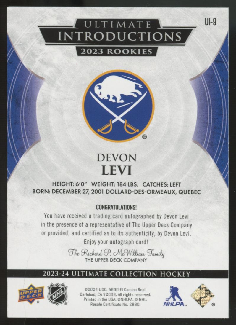 2023-24 UD Ultimate Collection Devon Levi RC Gold Introductions Auto /25 #UI-9