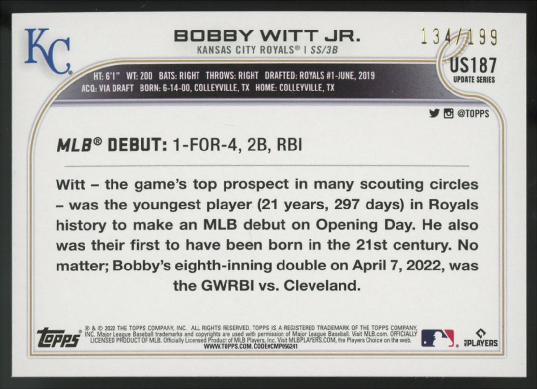 2022 Topps Update Bobby Witt Jr. RC Debut Red Foilboard /199 #US187