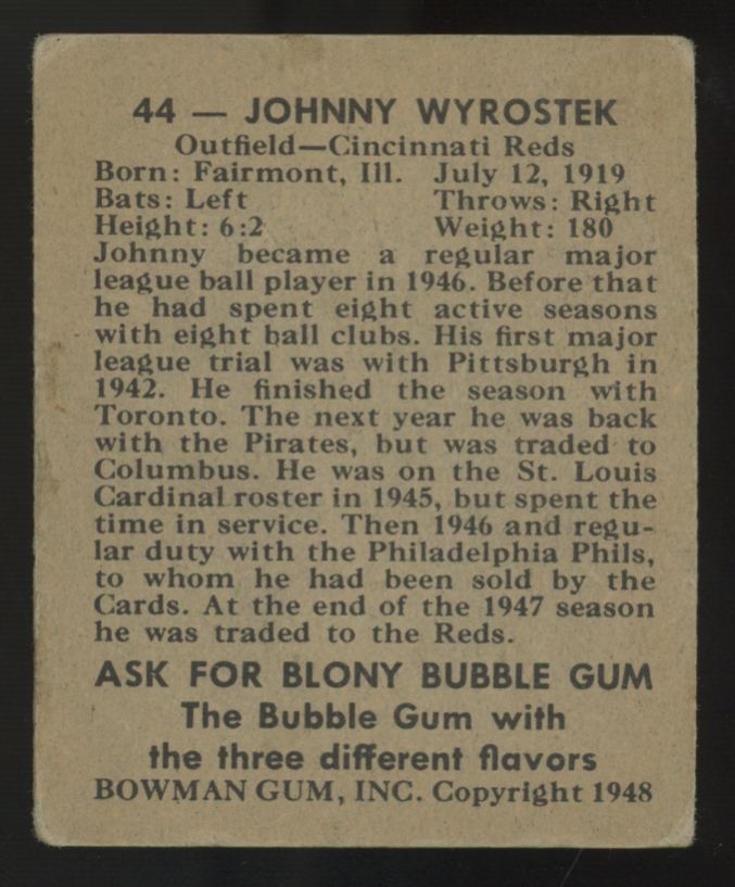 1948 Bowman Johnny Wyrostek #44 Good