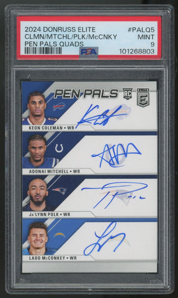 2024 Donruss Elite Coleman/Mitchell/Polk/McConkey RC Pen Pals Quad Auto PSA 9