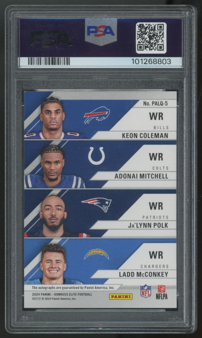 2024 Donruss Elite Coleman/Mitchell/Polk/McConkey RC Pen Pals Quad Auto PSA 9