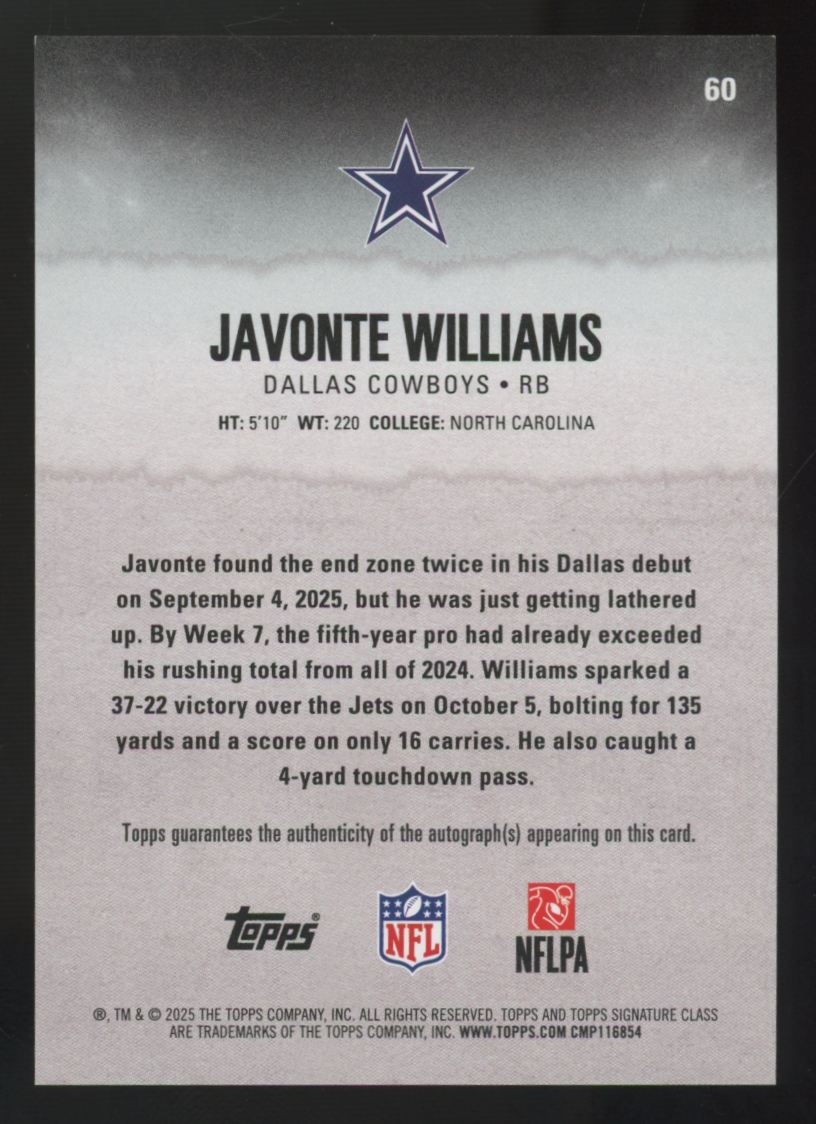 2025 Topps Signature Class Javonte Williams Orange Lava Auto /50 #60