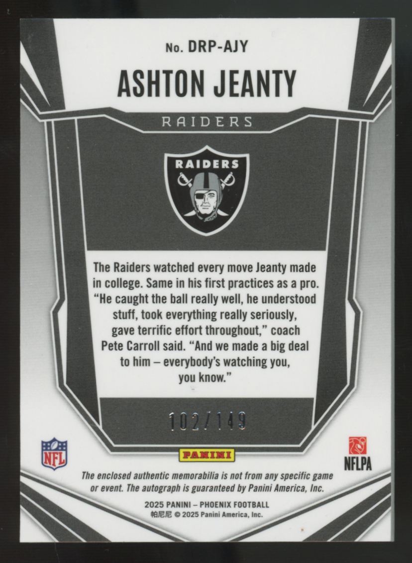 2025 Panini Phoenix Ashton Jeanty RC Silver Dual Patch Auto RPA /149 #DRP-AJY