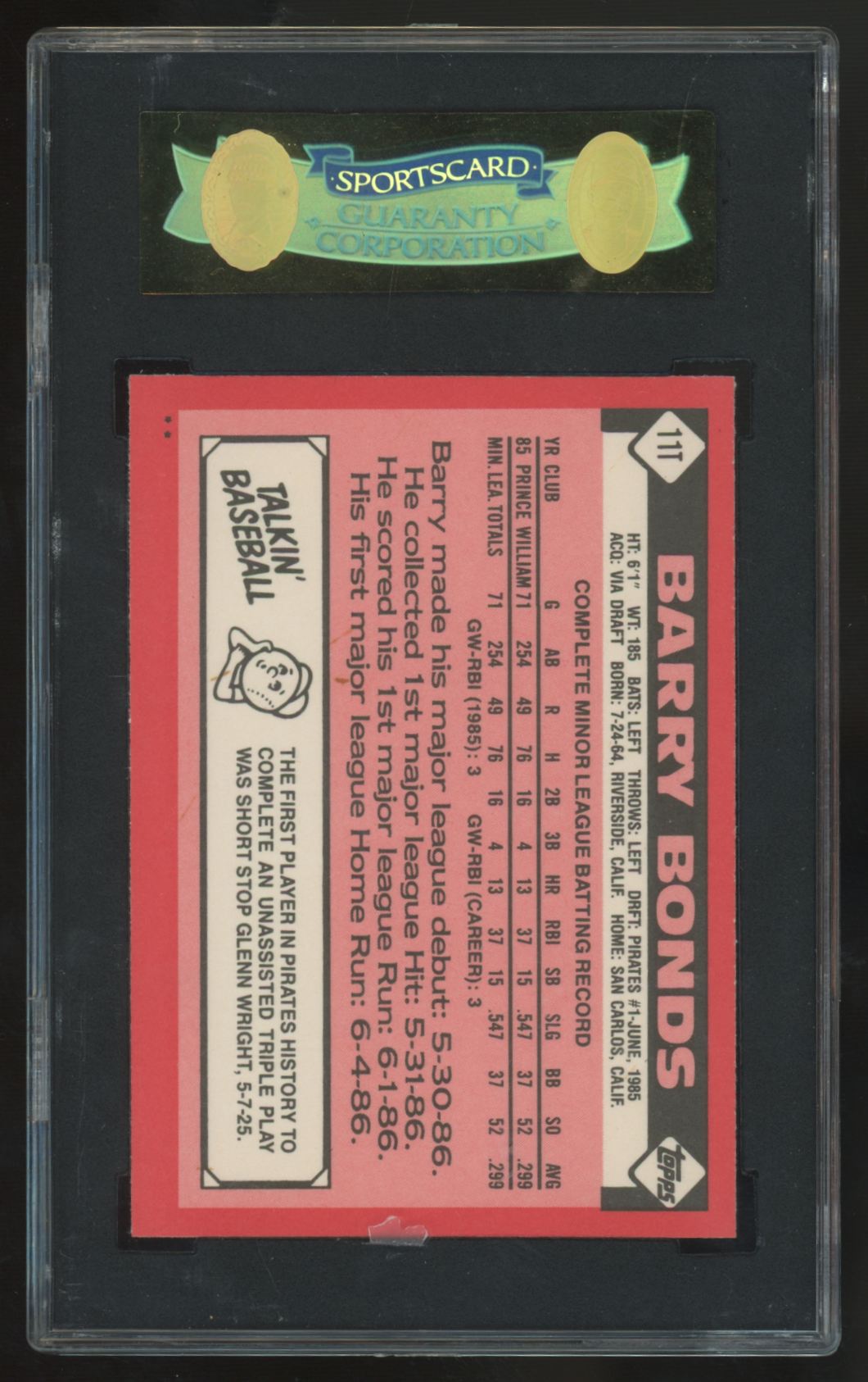 1986 Topps Traded Barry Bonds RC #11T SGC 9