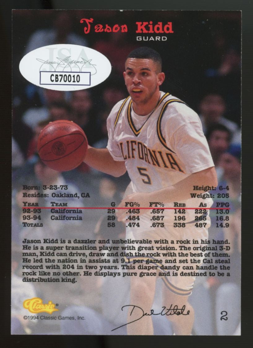 1994 Classic Jason Kidd #2 Signed Auto JSA