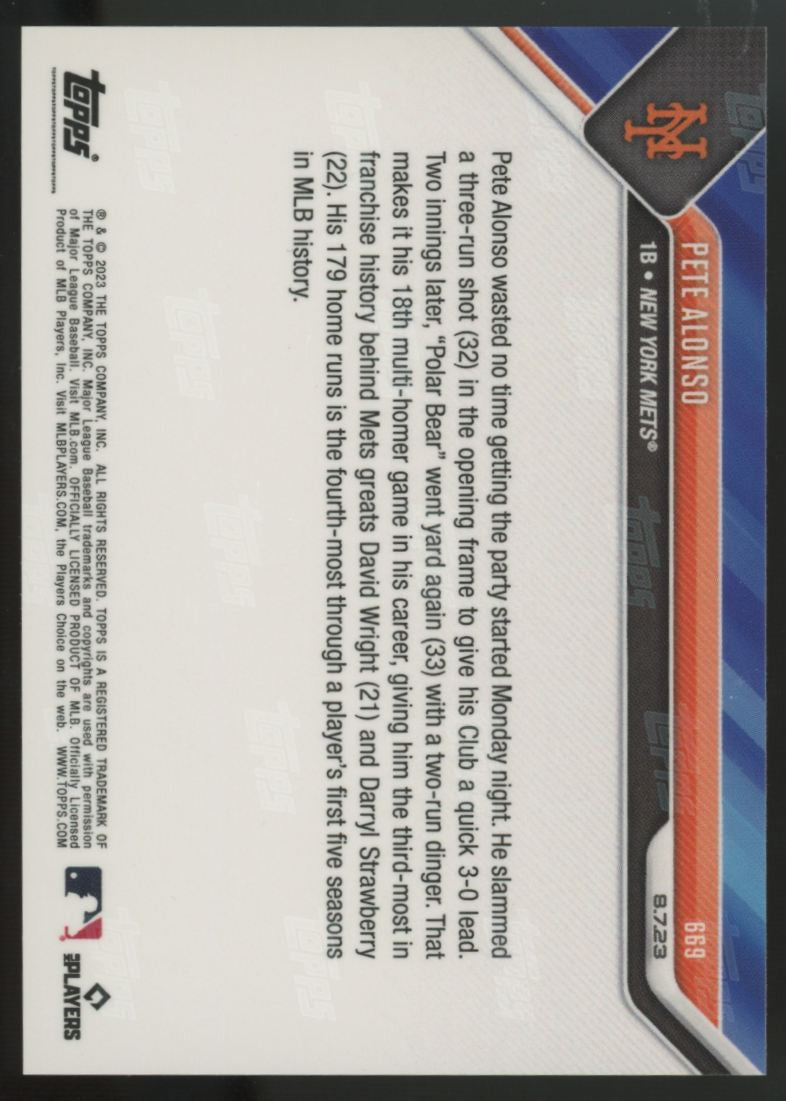 2023 Topps Now Pete Alonso Plunges Into The Record Books Blue /49 #669
