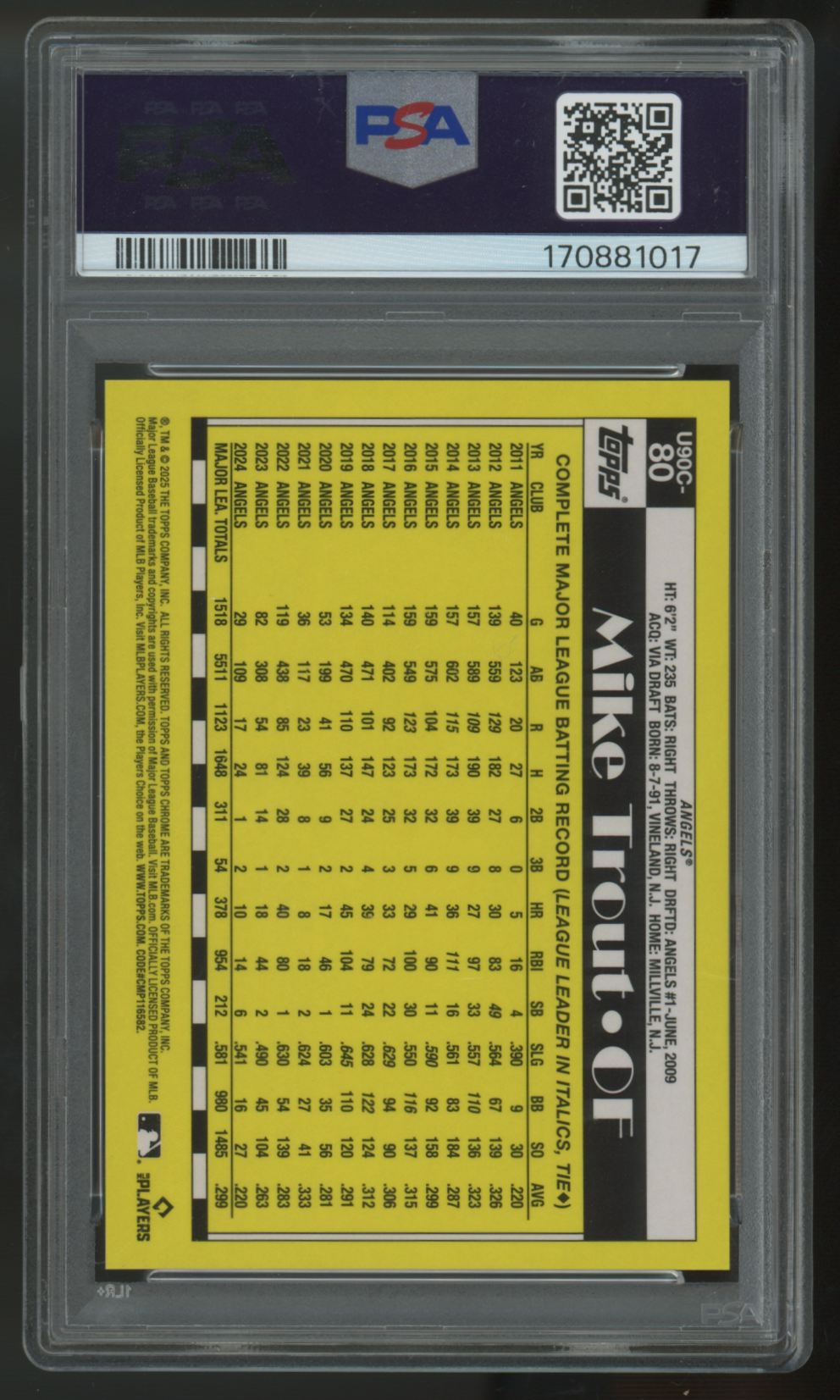 2025 Topps Update Silver Pack Mike Trout Red /5 #U90C-80 PSA 9