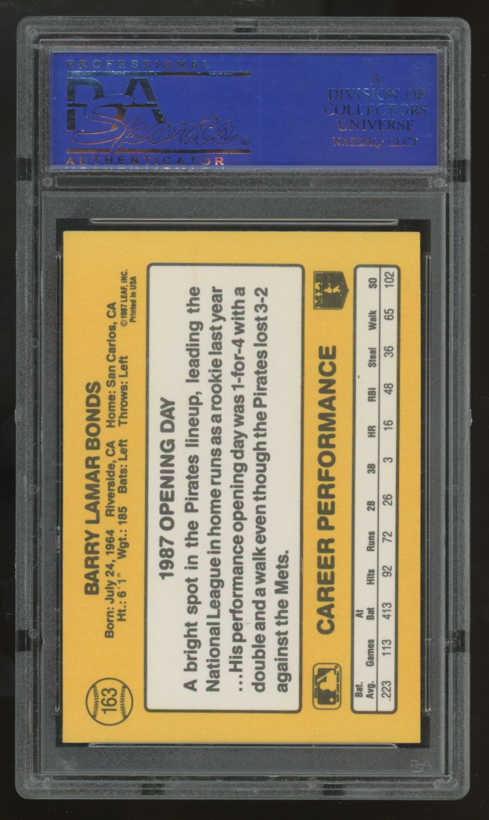 1987 Donruss Barry Bonds RC White Jersey Correct Photo #163 PSA 9 *554