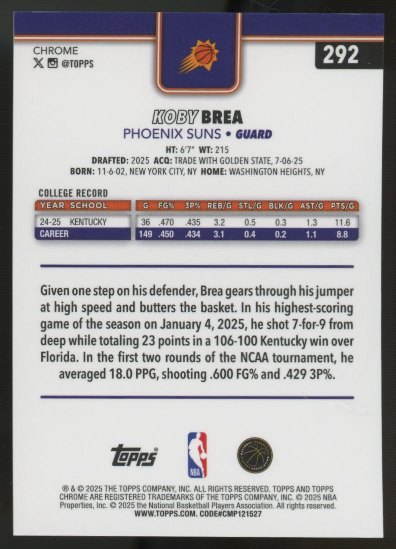 2025-26 Topps Chrome Koby Brea RC Black Refractor /10 #292