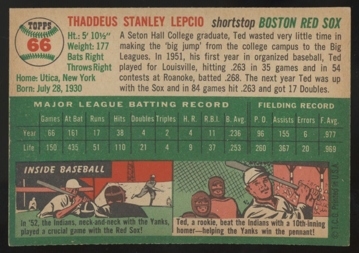 1954 Topps Ted Lepcio #66 NM