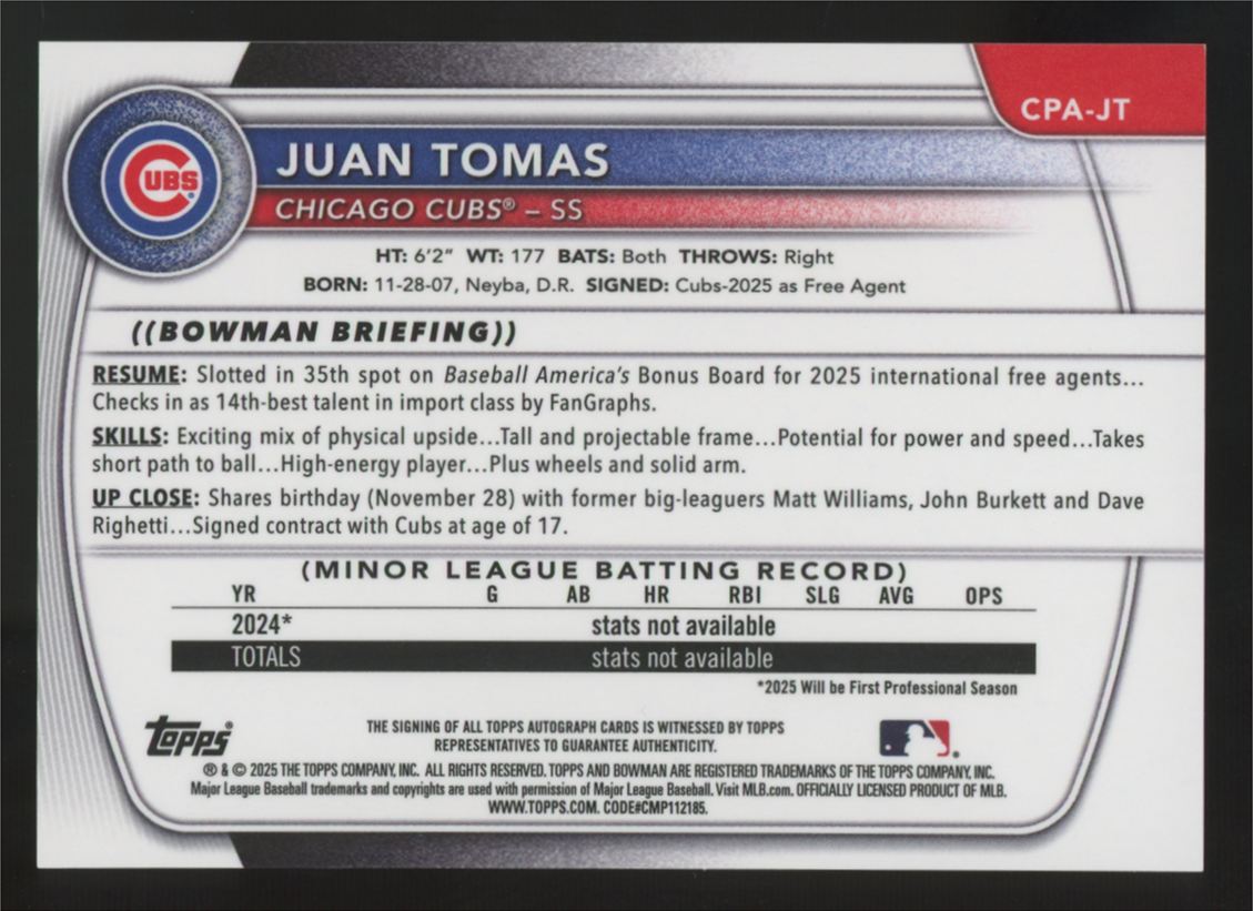 2025 Bowman Chrome Juan Tomas 1st Prospect Gold Auto /50 #CPA-JT