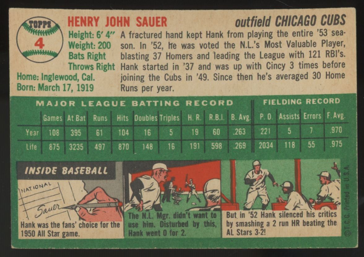 1954 Topps Hank  Sauer #4 NM