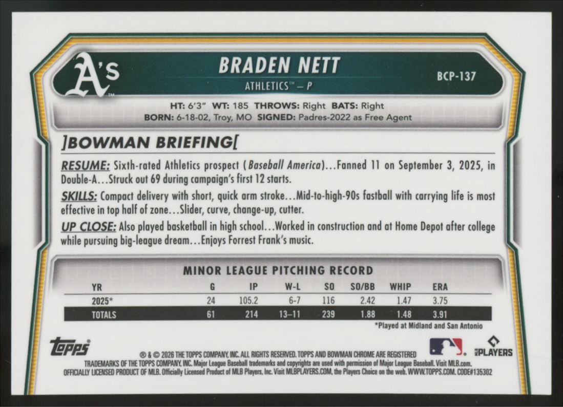 2026 Bowman Chrome Braden Nett 1st Yellow Refractor /75 #BCP-137